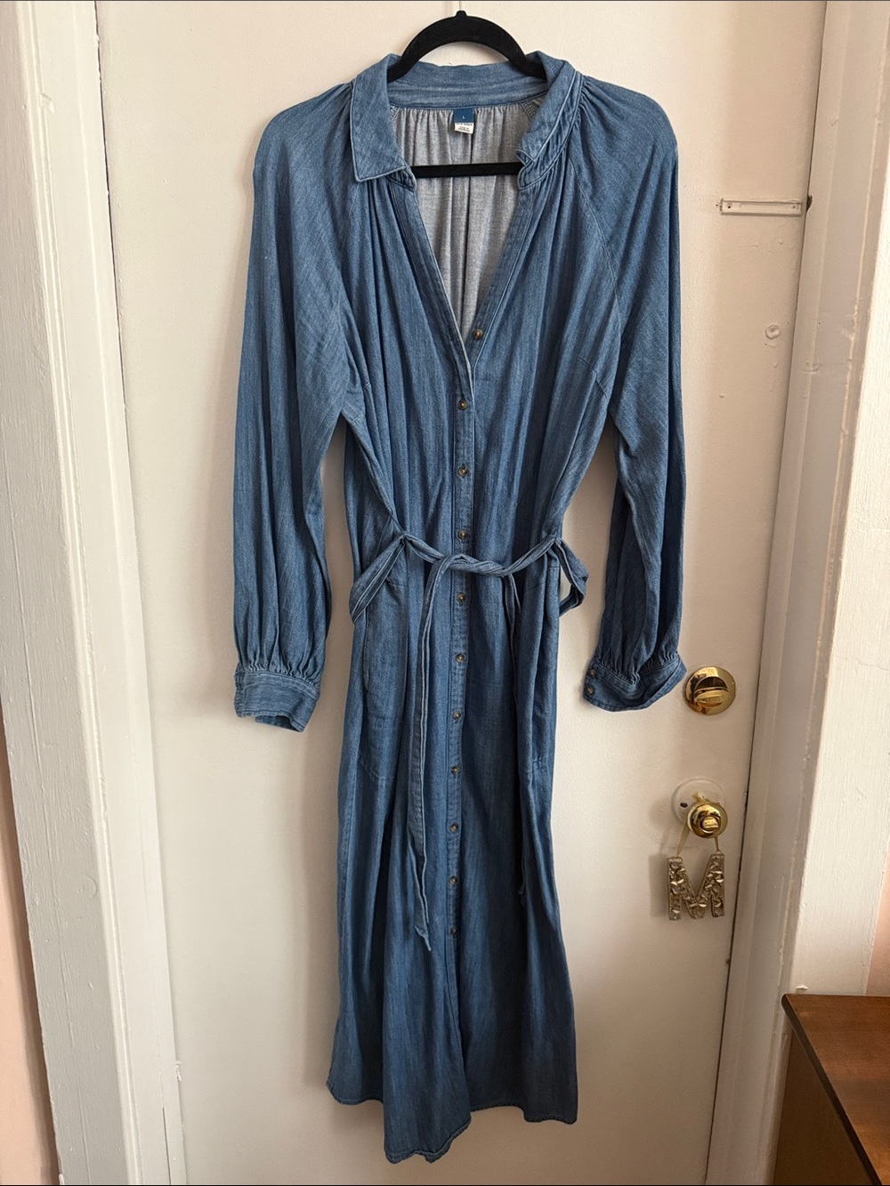 Old Navy Light Blue Button-Front Maxi Shirt Dress with Tie Waist